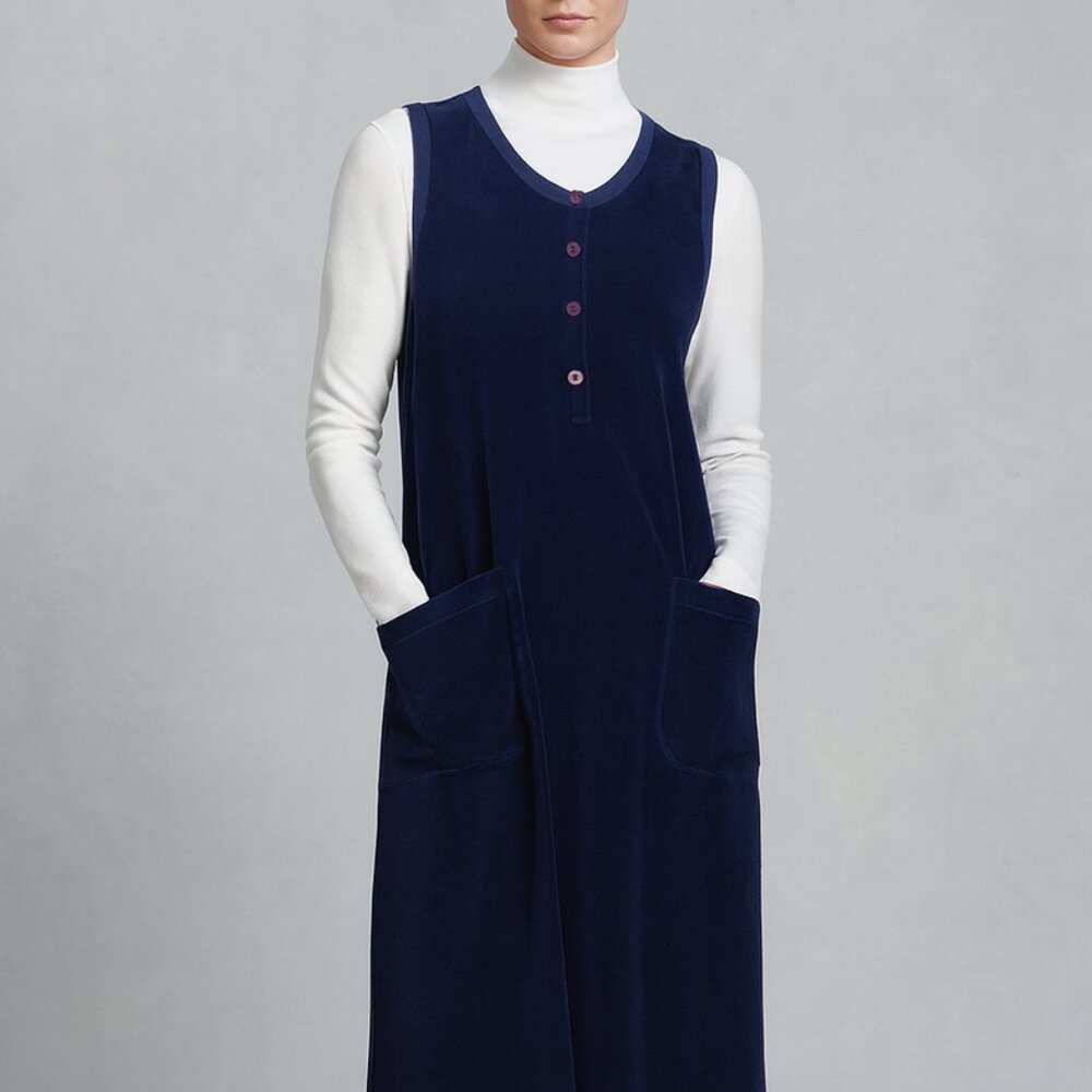 Yvonne Blue Velour Midi Dress Lagenlook Boho Sleeveless Buttons Pockets size M/L